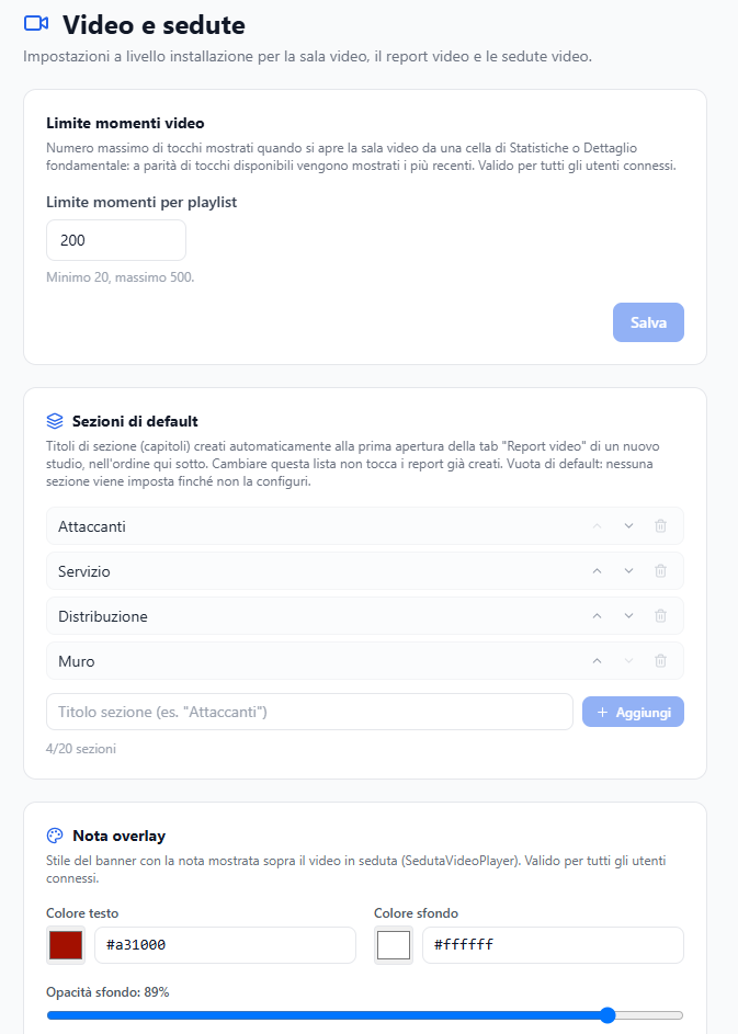 La pagina con il limite dei tocchi e le sezioni di default