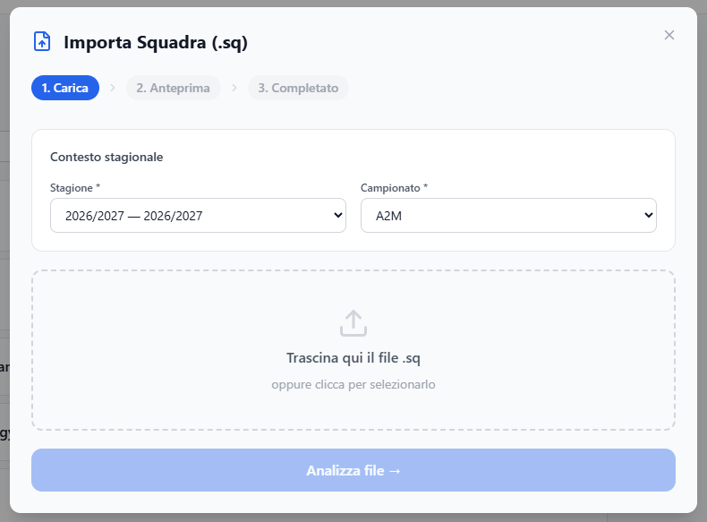 Il passo Squadre con una squadra riconosciuta e una da creare
