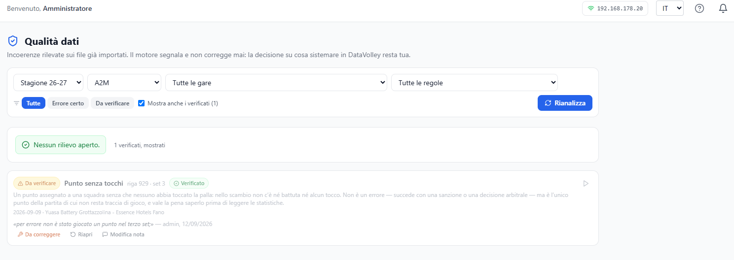 Un rilievo «Punto senza tocchi» segnato come verificato, con la sua nota e i pulsanti dello stato, e la casella «Mostra anche i verificati»