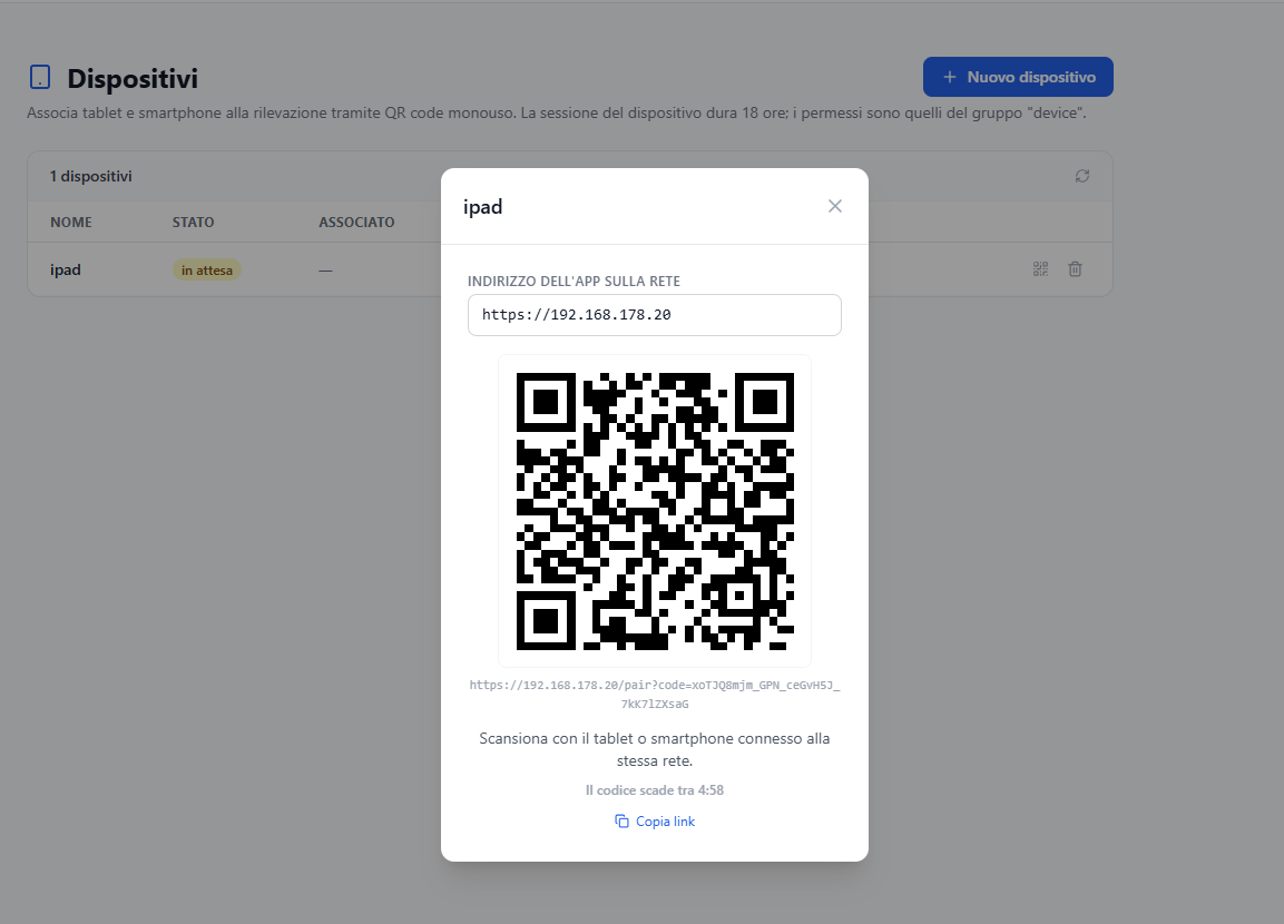 La finestra col QR code e le istruzioni, senza mostrare un QR ancora valido